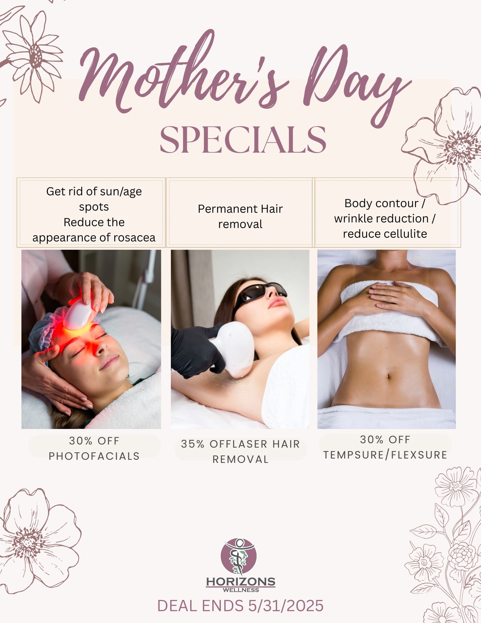 Photo of the May specials at Horizons. Call us for more information.
